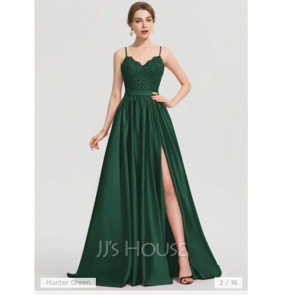 JJ'sHouse Maxi Satin Prom Dress with rhinestone sash and lace bodice - Picture 1 of 11